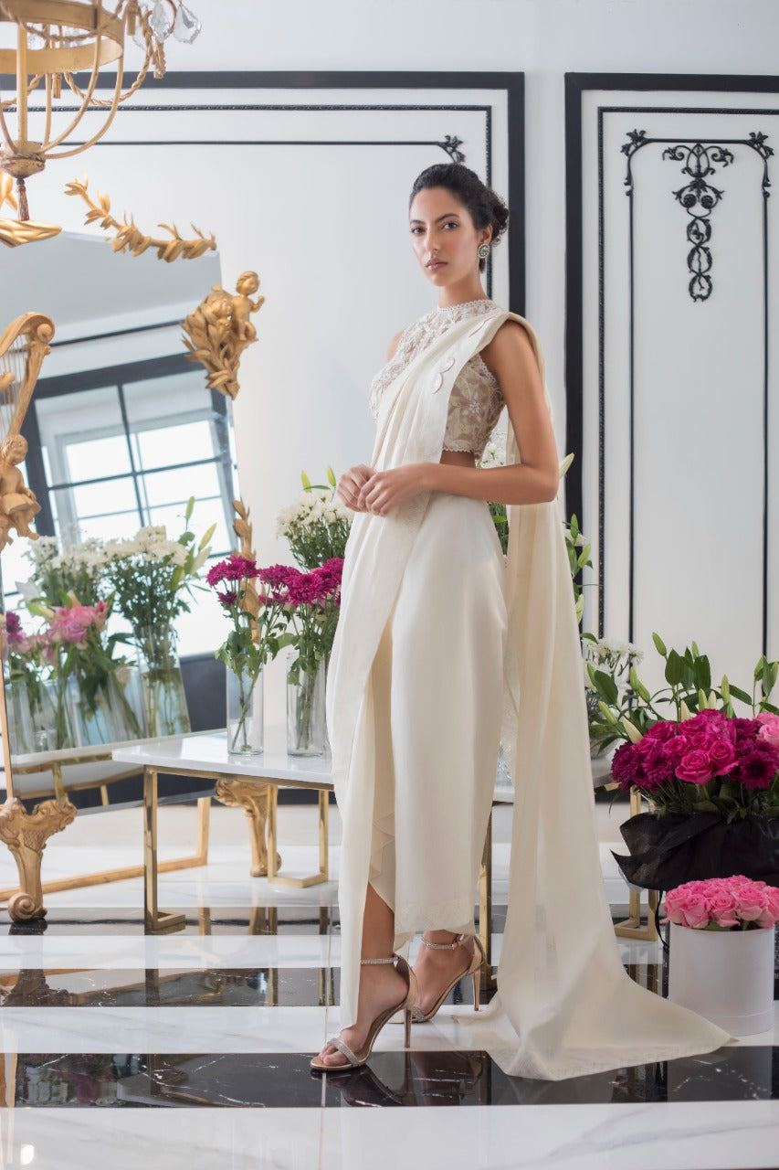 Buy Nehha Nhata Off White Silk Draped Pant Saree With Embroidered Blazer  Online | Aza Fashions