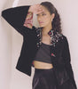 Black Embellished Velvet Jacket With Inner Choli And Matching Velvet Trousers
